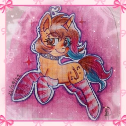 Size: 1960x1960 | Tagged: safe, artist:loohisgod27, oc, oc only, pony, unicorn, blushing, choker, clothes, ear piercing, earring, eyelashes, female, graph paper, horn, jewelry, mare, piercing, smiling, socks, solo, spiked choker, striped socks, traditional art, unicorn oc