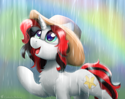 Size: 3790x3000 | Tagged: source needed, useless source url, safe, artist:cornelia_nelson, oc, oc only, oc:starforce fireline, pony, unicorn, cute, explicit source, female, happy, hat, high res, horn, mare, pony oc, rain, rainbow, solo, unicorn oc