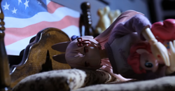 Size: 1278x667 | Tagged: safe, artist:moonshine animation, screencap, pinkie pie, earth pony, pony, g4, american flag, bed, blind bag, female, pipkin pippa, sleeping, stop motion, toy, vtuber
