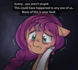 Size: 691x616 | Tagged: safe, anonymous artist, sunny starscout, zipp storm, earth pony, pegasus, pony, series:anorexic sunny, g5, anorexia, crying, dialogue, duo, female, floppy ears, mane stripe sunny, mare, offscreen character, shaking, skinny, teary eyes, thin