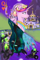 Size: 2000x3000 | Tagged: safe, artist:askavidt, princess cadance, queen chrysalis, alicorn, changeling, changeling queen, pony, g4, canterlot, card, clothes, crown, dress, fire, green fire, high res, jewelry, moon, multicolored hair, night, night sky, regalia, sharp teeth, sky, smoke, teeth, transparent wings, wedding dress, wings