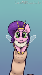 Size: 2160x3840 | Tagged: safe, artist:luckynb, pipp petals, bee pony, original species, pony, g5, :t, adorapipp, angry, bumblebipp, cross-popping veins, cute, emanata, female, gradient background, grumpy, high res, human pov, madorable, offscreen character, offscreen human, pipp is short, pipp is smol, smol, solo, species swap, tiny, tiny ponies, wings