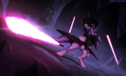 Size: 3678x2200 | Tagged: safe, artist:shido-tara, starlight glimmer, pony, unicorn, g4, cave, clothes, crossover, dark, darth traya, female, glowing, glowing eyes, high res, lightsaber, robe, sith, solo, standing, star wars, star wars: knights of the old republic, weapon