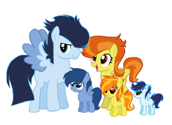 Size: 1520x1100 | Tagged: safe, artist:harm0nic-bases, artist:thunderspeedyt, soarin', spitfire, stormy flare, wave chill, oc, oc:icy shards, pegasus, pony, g4, base used, canon x oc, colt, colt soarin', colt wave chill, family, female, filly, filly spitfire, foal, male, mare, offspring, open mouth, open smile, parent:stormy flare, simple background, smiling, spread wings, stallion, straight, white background, wings, younger