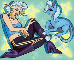 Size: 2048x1674 | Tagged: safe, artist:creatureindex, trixie, elf, human, pony, unicorn, g4, boots, clothes, denim, elf ears, elfification, high heel boots, horn, horned humanization, humanized, jeans, leonine tail, pants, shirt, shoes, solo, tail, unicorns as elves