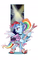 Size: 1362x2198 | Tagged: safe, artist:tina1804, rainbow dash, pegasus, pony, g4, bipedal, choker, clothes, ear piercing, guitar, musical instrument, piercing, shoes, simple background, solo, white background