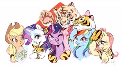 Size: 3265x1800 | Tagged: safe, artist:tina1804, applejack, fluttershy, pinkie pie, rainbow dash, rarity, twilight sparkle, alicorn, earth pony, pegasus, pony, unicorn, g4, applejack's hat, blushing, china, chinese, cowboy hat, ear piercing, earring, female, glowing, glowing horn, hat, horn, jewelry, magic, magic aura, mane six, mare, one eye closed, open mouth, open smile, piercing, signature, simple background, smiling, white background, year of the tiger