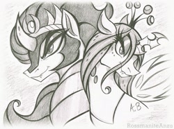 Size: 2113x1570 | Tagged: safe, artist:rossmaniteanzu, king sombra, queen chrysalis, changeling, pony, unicorn, g4, antagonist, monochrome, pencil drawing, traditional art