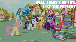 Size: 1920x1080 | Tagged: safe, edit, edited screencap, editor:quoterific, screencap, applejack, fluttershy, rainbow dash, rarity, spike, twilight sparkle, alicorn, dragon, pony, g4, yakity-sax, bench, book, clothes, twilight sparkle (alicorn), uniform, winged spike, wings, wonderbolts uniform