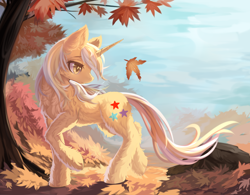 Size: 3200x2500 | Tagged: artist needed, safe, oc, oc only, oc:flash meteor, pony, unicorn, autumn, fluffy, high res, horn, leaves, looking at something, looking back, solo, tail, tree, unicorn oc, walking, windswept mane, windswept tail