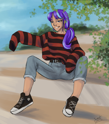 Size: 1102x1257 | Tagged: safe, artist:elisdoominika, starlight glimmer, human, g4, belt, blue sky, clothes, converse, denim, humanized, jeans, leaves, looking at you, pants, ponytail, shoes, sitting, smiling, smiling at you, solo, sweater, tan skin, teenage glimmer, teenager