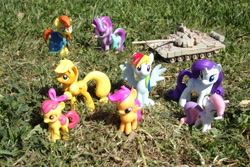 Size: 4608x3072 | Tagged: safe, artist:dingopatagonico, apple bloom, applejack, rainbow dash, rarity, scootaloo, starlight glimmer, sunburst, sweetie belle, earth pony, pegasus, pony, unicorn, g4, cutie mark crusaders, photo, tank (vehicle), toy