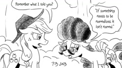 Size: 1200x675 | Tagged: safe, artist:pony-berserker, applejack, pinkie pie, earth pony, pony, pony-berserker's twitter sketches, pony-berserker's twitter sketches (2023), g4, applejack's hat, clothes, clown wig, cowboy hat, dialogue, glasses, hat, hatching (technique), pinkie being pinkie, speech bubble, tutu, wig