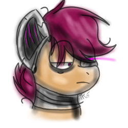 Size: 2048x2048 | Tagged: safe, artist:taeko, derpibooru exclusive, scootaloo, cyborg, pegasus, pony, g4, 2023, bust, female, filly, foal, frown, high res, lidded eyes, looking offscreen, messy mane, signature, simple background, sketch, solo, white background
