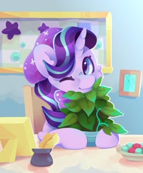 Size: 1023x1235 | Tagged: safe, artist:tater, phyllis, starlight glimmer, pony, unicorn, g4, beanie, chair, cute, female, glimmerbetes, hat, horn, looking at you, mare, one eye closed, plant, potted plant, smiling, smiling at you, solo, starlight's office, wink, winking at you