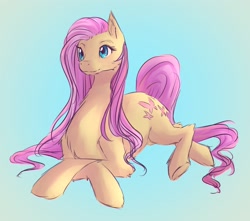 Size: 1812x1599 | Tagged: safe, artist:tatsuk0, fluttershy, pegasus, pony, g4, female, gradient background, lying down, mare, solo