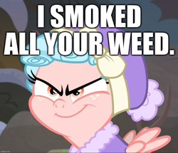 Size: 1091x938 | Tagged: safe, edit, edited screencap, screencap, cozy glow, pegasus, pony, g4, clothes, drugs, evil, evil grin, female, filly, foal, grin, hat, marijuana, pure concentrated unfiltered evil of the utmost potency, pure unfiltered evil, smiling, winter outfit