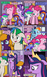Size: 1920x3168 | Tagged: safe, artist:alexdti, fluttershy, pinkie pie, rainbow dash, starlight glimmer, twilight sparkle, oc, oc:bright comet, oc:purple creativity, oc:star logic, oc:violet moonlight, alicorn, earth pony, pegasus, pony, unicorn, comic:quest for friendship, g4, the last problem, ^^, colt, comic, crown, dialogue, ears back, eye contact, eyes closed, female, filly, floppy ears, flying, foal, folded wings, glasses, high res, hoof shoes, hooves, horn, jewelry, lidded eyes, looking at each other, looking at someone, male, mare, older, older twilight, older twilight sparkle (alicorn), open mouth, open smile, pegasus oc, princess twilight 2.0, raised hoof, regalia, smiling, speech bubble, spread wings, stallion, tail, twilight sparkle (alicorn), two toned mane, two toned tail, unicorn oc, wall of tags, wings