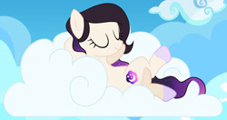 Size: 1280x677 | Tagged: safe, artist:cindystarlight, oc, oc only, oc:daisy galaxysky, pegasus, pony, base used, cloud, eyes closed, female, lying down, mare, on a cloud, on back, pegasus oc, smiling, solo