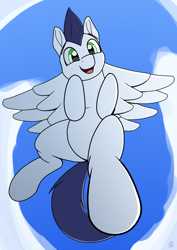 Size: 2480x3508 | Tagged: safe, artist:sefastpone, soarin', pegasus, pony, g4, belly, cloud, digital art, flying, happy, high res, looking at you, male, sky, stallion