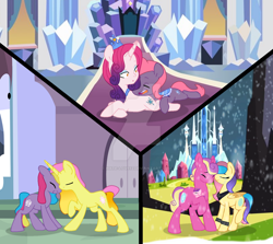 Size: 1280x1141 | Tagged: safe, artist:hate-love12, princess amore, princess gold lily, princess sterling, oc, oc:eros, oc:esmé, oc:gold lily, oc:heracles, oc:sterling, pony, g4, baby, baby pony, base used, crying, female, male, nuzzling, oc x oc, previous generation, shipping, straight