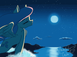 Size: 1000x750 | Tagged: safe, alternate version, artist:hauntedtuba, fluttershy, pegasus, pony, g4, animated, eyes closed, female, full moon, gif, human shoulders, loop, mare, moon, night, outdoors, signature, solo, spread wings, stars, windswept mane, wings