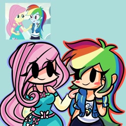 Size: 2100x2100 | Tagged: safe, artist:simplementeyeu, fluttershy, rainbow dash, human, equestria girls, equestria girls specials, g4, my little pony equestria girls: better together, my little pony equestria girls: rollercoaster of friendship, blue background, blush sticker, blushing, duo, female, friday night funkin', hand on shoulder, high res, human coloration, lesbian, outline, screencap reference, ship:flutterdash, shipping, simple background
