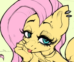 Size: 2352x1985 | Tagged: safe, artist:darknud, fluttershy, pegasus, anthro, g4, bust, ear piercing, earring, female, green background, jewelry, lidded eyes, looking at you, mare, piercing, simple background, solo