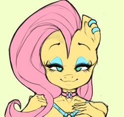 Size: 1295x1229 | Tagged: safe, artist:darknud, fluttershy, pegasus, anthro, g4, bedroom eyes, bust, choker, ear piercing, earring, eyeshadow, green background, jewelry, looking at you, makeup, piercing, simple background, smiling, smiling at you, solo