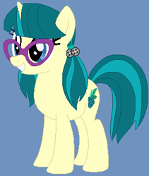 Size: 318x377 | Tagged: safe, artist:jadeharmony, artist:mak2020, juniper montage, pony, unicorn, equestria girls, g4, base used, blue background, equestria girls ponified, female, glasses, grin, juniper's cutie mark, mare, ponified, simple background, smiling, solo