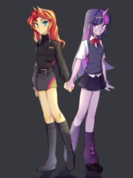 Size: 1536x2048 | Tagged: safe, artist:akusa01662709, sunset shimmer, twilight sparkle, human, equestria girls, g4, duo, female, gray background, holding hands, horn, simple background