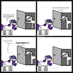 Size: 1440x1440 | Tagged: safe, artist:falloutfurret, rarity, oc, unnamed oc, pony, unicorn, g4, 4 panel comic, comic, dialogue, door, duo, female, mare, open mouth, open smile, simple background, smiling, wat, white background