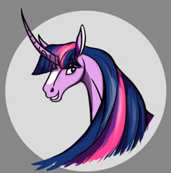 Size: 578x586 | Tagged: safe, artist:snedrir, twilight sparkle, pony, unicorn, g4, bust, curved horn, gray background, horn, long horn, portrait, simple background, solo