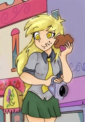 Size: 1423x2048 | Tagged: safe, artist:superstarrzz, derpy hooves, human, g4, clothes, female, food, humanized, messy eating, muffin, necktie, scary, shirt, skirt, solo, store, that pony sure does love muffins, yellow eyes, yellow hair