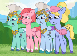 Size: 731x532 | Tagged: safe, screencap, fifi (g5), thunder flap, windy, zipp storm, zoom zephyrwing, pegasus, pony, g5, my little pony: tell your tale, zipp's flight school, spoiler:g5, spoiler:my little pony: tell your tale, spoiler:tyts01e02, animated, female, guardsmare, male, mare, offscreen character, open mouth, pegasus royal guard, royal guard, stallion
