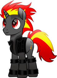 Size: 1773x2415 | Tagged: safe, artist:php178, derpibooru exclusive, oc, oc only, oc:shift timescale, pony, unicorn, g4, my little pony: rainbow roadtrip, .svg available, bands, clothes, colored pupils, cute, cute face, cute smile, embers, fire, gift art, gradient hair, gradient hooves, gradient mane, gradient tail, happy, horn, inkscape, jacket, looking up, male, microphone, movie accurate, ocbetes, red eyes, red hair, red mane, red tail, shading, sharp horn, simple background, smiling, solo, sparkles, spiky hair, spiky mane, stallion, striped tail, svg, tail, torch, transparent background, two toned hair, two toned mane, two toned tail, unicorn oc, vector, vest, wrist cuffs, yellow hair, yellow mane, yellow tail