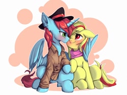 Size: 1080x810 | Tagged: artist needed, source needed, safe, oc, oc only, oc:二锅头, oc:红星, alicorn, earth pony, pony, alicorn oc, duo, earth pony oc, horn, hug, kissing, simple background, white background, winghug, wings