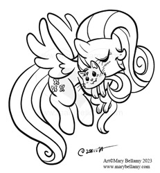 Size: 465x504 | Tagged: safe, artist:marybellamy, fluttershy, cat, pegasus, pony, g4, black and white, commission, eyes closed, flying, grayscale, hug, kitten, lineart, monochrome, open mouth, patreon, patreon reward, signature, simple background, white background