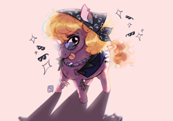 Size: 2388x1668 | Tagged: safe, artist:nightprince-art, shady, earth pony, pony, g1, bandana, clothes, ear piercing, earring, female, high angle, jewelry, looking at you, looking up, looking up at you, piercing, redesign, smiling, solo, sparkles, sunglasses, tail, tattoo, tongue out