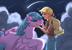 Size: 2388x1668 | Tagged: safe, artist:nightprince-art, firefly, megan williams, human, pegasus, pony, g1, bow, clothes, denim, duo, jeans, lm001, pants, shirt, shooting star, stars, tail, tail bow, vest