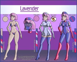 Size: 2500x2000 | Tagged: safe, artist:devillustart, oc, oc:nurse lavender blossom, human, equestria girls, g4, barely pony related, boots, clothes, fireheart76's latex suit design, gloves, hand on hip, high res, humanized, humanized oc, latex, latex boots, latex gloves, latex mask, latex suit, nurse, prisoners of the moon, reference sheet, rubber, rubber suit, shoes