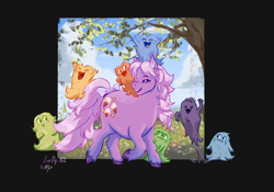 Size: 2388x1668 | Tagged: safe, artist:nightprince-art, lickety-split, bushwoolie, earth pony, pony, g1, eyes closed, female, mare, open mouth, signature, smiling, tree