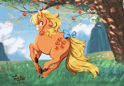 Size: 1440x1005 | Tagged: safe, artist:nightprince-art, applejack (g1), earth pony, pony, g1, apple, apple tree, applebutt, bow, butt, cottagecore, female, food, looking at you, looking back, looking back at you, mare, plot, signature, solo, tail, tail bow, tree