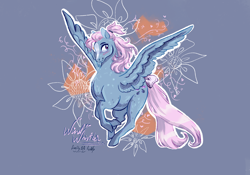 Size: 2388x1668 | Tagged: safe, artist:nightprince-art, wind whistler, pegasus, pony, g1, blue background, blushing, bow, female, flower, flying, looking at you, mare, signature, simple background, solo, spread wings, tail, tail bow, wings