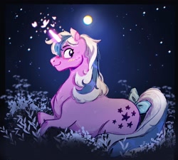Size: 1440x1295 | Tagged: safe, artist:nightprince-art, twilight, pony, unicorn, g1, blushing, bow, female, full moon, g1 twiabetes, looking at you, mare, moon, night, night sky, sky, smiling, smiling at you, solo, starry night, stars, tail, tail bow