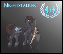 Size: 3500x3000 | Tagged: safe, artist:nsilverdraws, artist:veen, oc, oc only, oc:nightstalker, butterfly, pegasus, pony, cutie mark, ear piercing, female, gradient background, high res, laurel wreath, magic, mare, pegasus oc, piercing, reference sheet, reflection, solo, standing, sundown clan, sword, tail, tail piercing, weapon, wings
