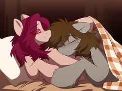 Size: 1831x1359 | Tagged: safe, artist:crimmharmony, oc, oc only, oc:crimm harmony, oc:stitched laces, pegasus, pony, bed, blanket, cute, duo, female, freckles, pillow, shipping, snuggling, stimony