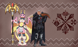 Size: 10000x6000 | Tagged: safe, artist:chedx, scales (g4), oc, dragon, human, g4, absurd file size, absurd resolution, canon x oc, crossover, dragoness, duo, female, monster hunter, staff, weapon