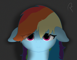 Size: 1380x1080 | Tagged: safe, artist:reinbou, rainbow dash, pegasus, pony, g4, bust, eye clipping through hair, floppy ears, looking at you, no catchlights, portrait, simple background, solo