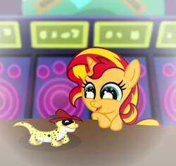 Size: 6012x5664 | Tagged: safe, artist:emeraldblast63, ray, sunset shimmer, gecko, leopard gecko, lizard, pony, unicorn, comic:the tale of two sunsets, g4, 5-year-old, duo, female, filly, filly sunset shimmer, hat, señor g. echo, story included, younger